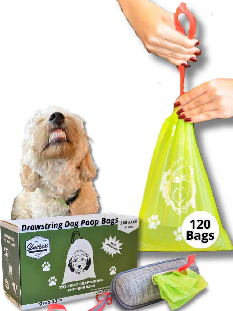 **Eco-Friendly Dog Poop Bags with Drawstring & Dispenser - Unscented Large Pet Waste Bags (120 Count, 13x9 Inch) - Includes Leash Clip for Easy Walks & Outdoor Cleanup**
