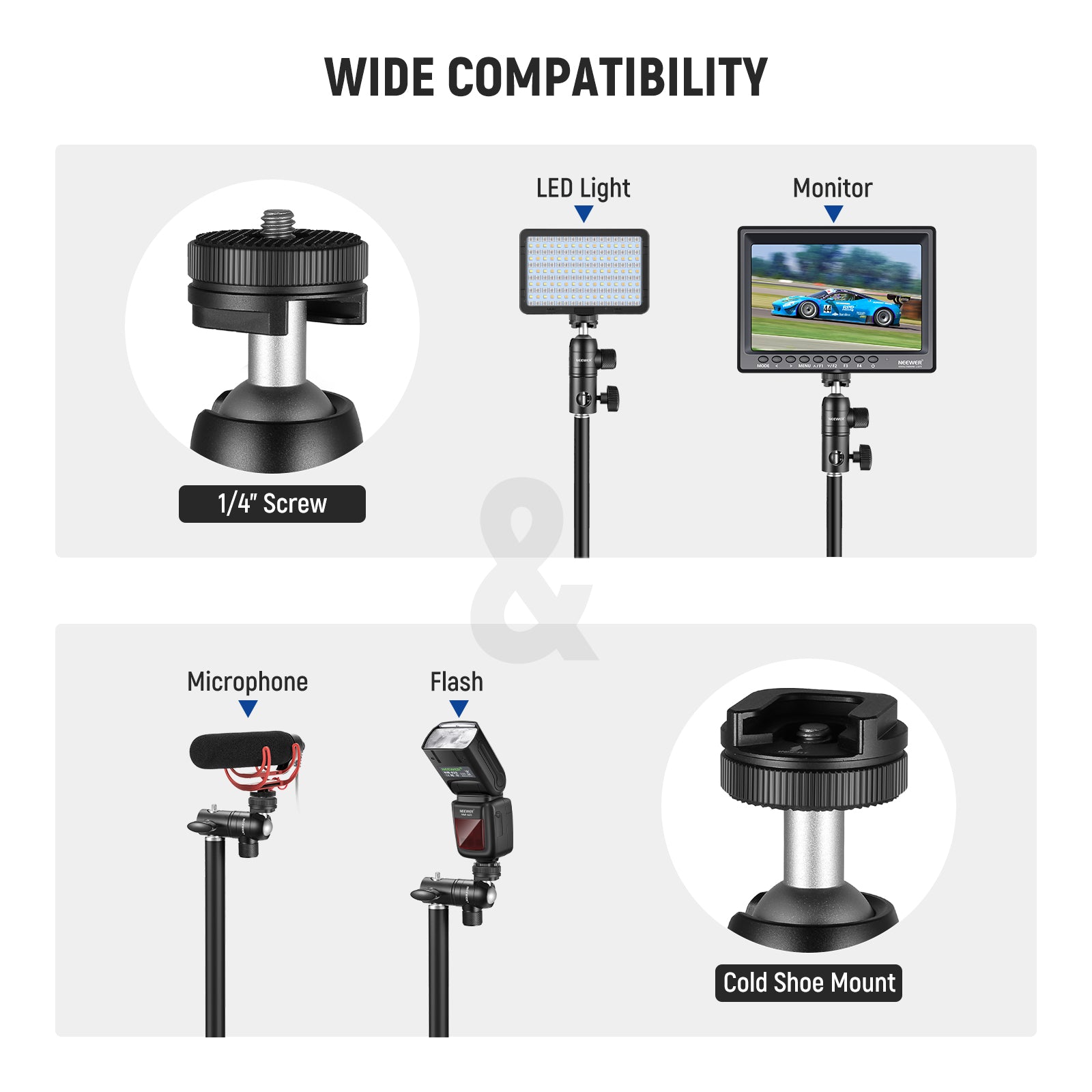NEEWER Adjustable Light Stand Mount Adapter for Camera, Monitor & Ring Light - Perfect for Photography, Video Shooting & Live Streaming