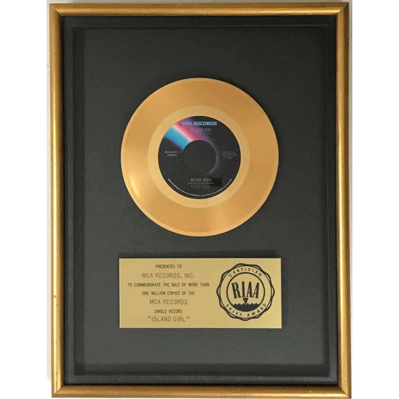 Elton John Island Girl RIAA Gold Single Award - Vintage Music Collectible for Fans & Memorabilia Enthusiasts - Perfect for Display in Home, Office, or Music Room