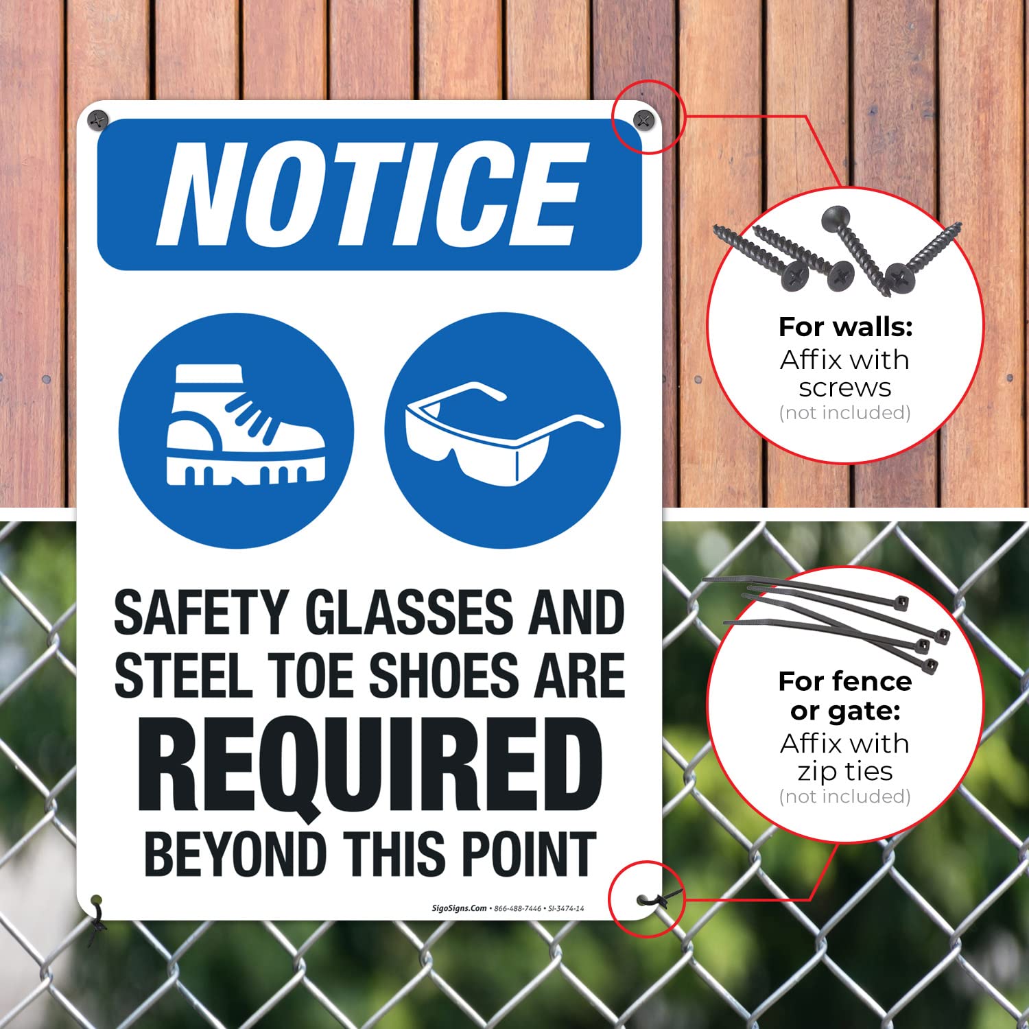 OSHA Safety Sign - 'Safety Glasses & Steel Toe Shoes Required Beyond This Point' - 10x14 Inches Rust-Free .040 Aluminum - Fade Resistant for Indoor/Outdoor Use - Made in USA - Perfect for Construction Sites, Warehouses & Industrial Facilities