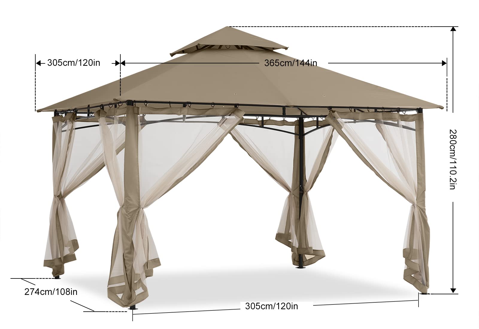 10x12 ABCCANOPY Outdoor Gazebo for Patios - Steel Frame with Mosquito Netting, Perfect for Backyard, Garden, Deck & Lawn (Khaki) | Ideal for Outdoor Dining, Parties & Relaxation