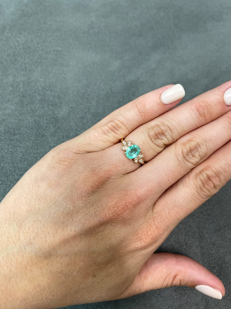 1.38tcw 14K Gold Colombian Emerald Oval Cut & Brilliant Round Diamond Leaf Ring for Women - Elegant Nature-Inspired Jewelry for Engagement, Wedding, Anniversary Gifts