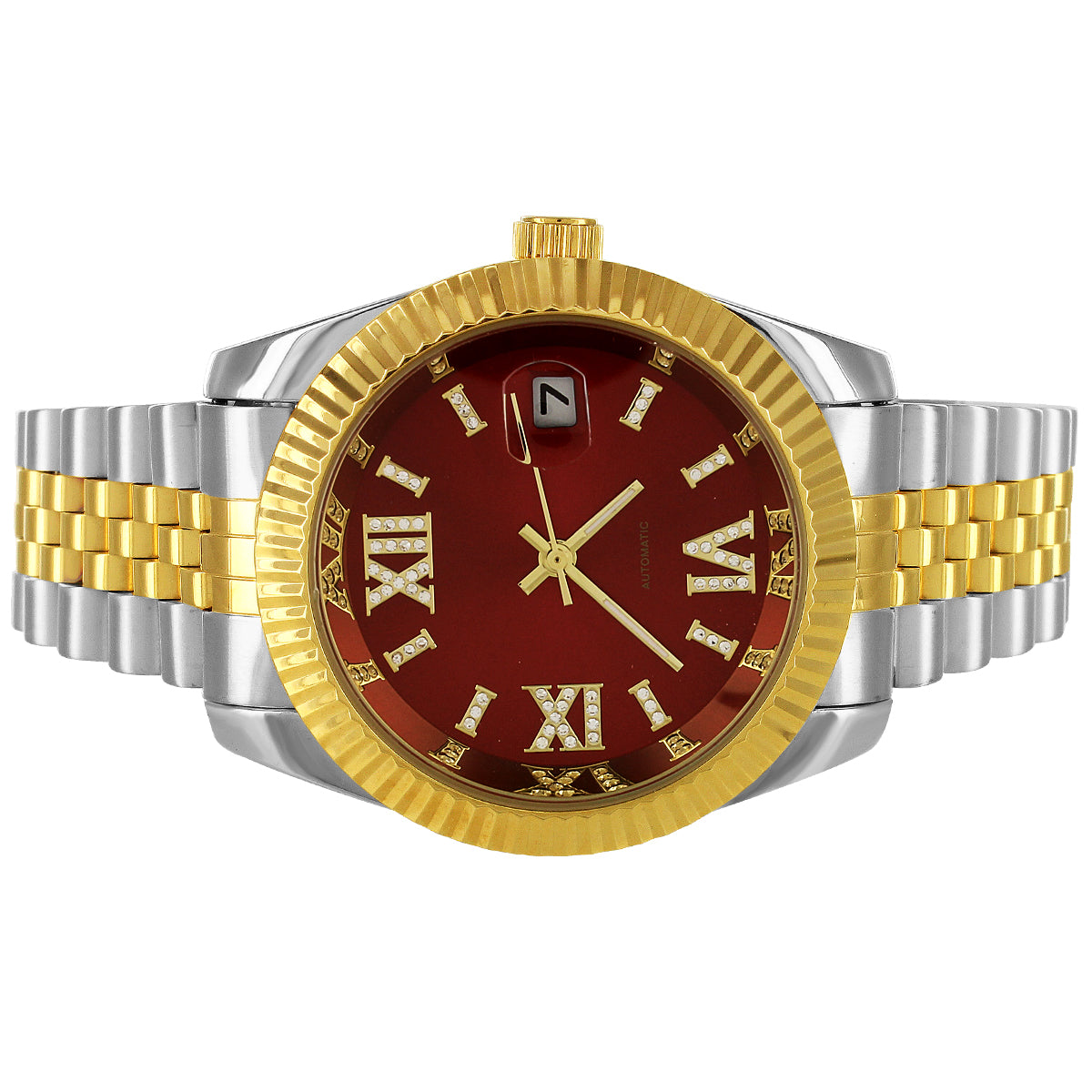 Luxury Two-Tone Gold Automatic Watch with Red Roman Dial & Fluted Bezel - Perfect for Business, Formal Events & Gift Giving