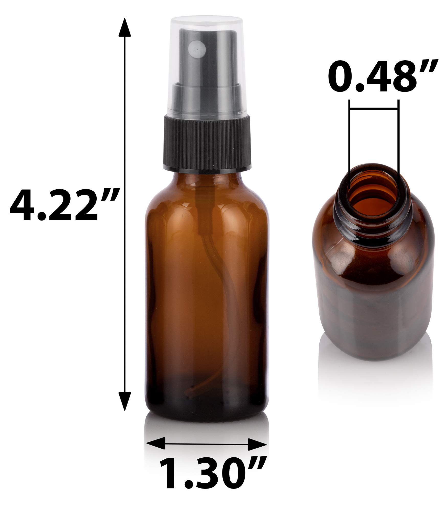 JUVITUS 1 oz Amber Glass Boston Round Bottle with Black Fine Mist Sprayer (24 Pack) - Essential Oil, Perfume & DIY Spray Bottles for Home, Travel & Beauty Use