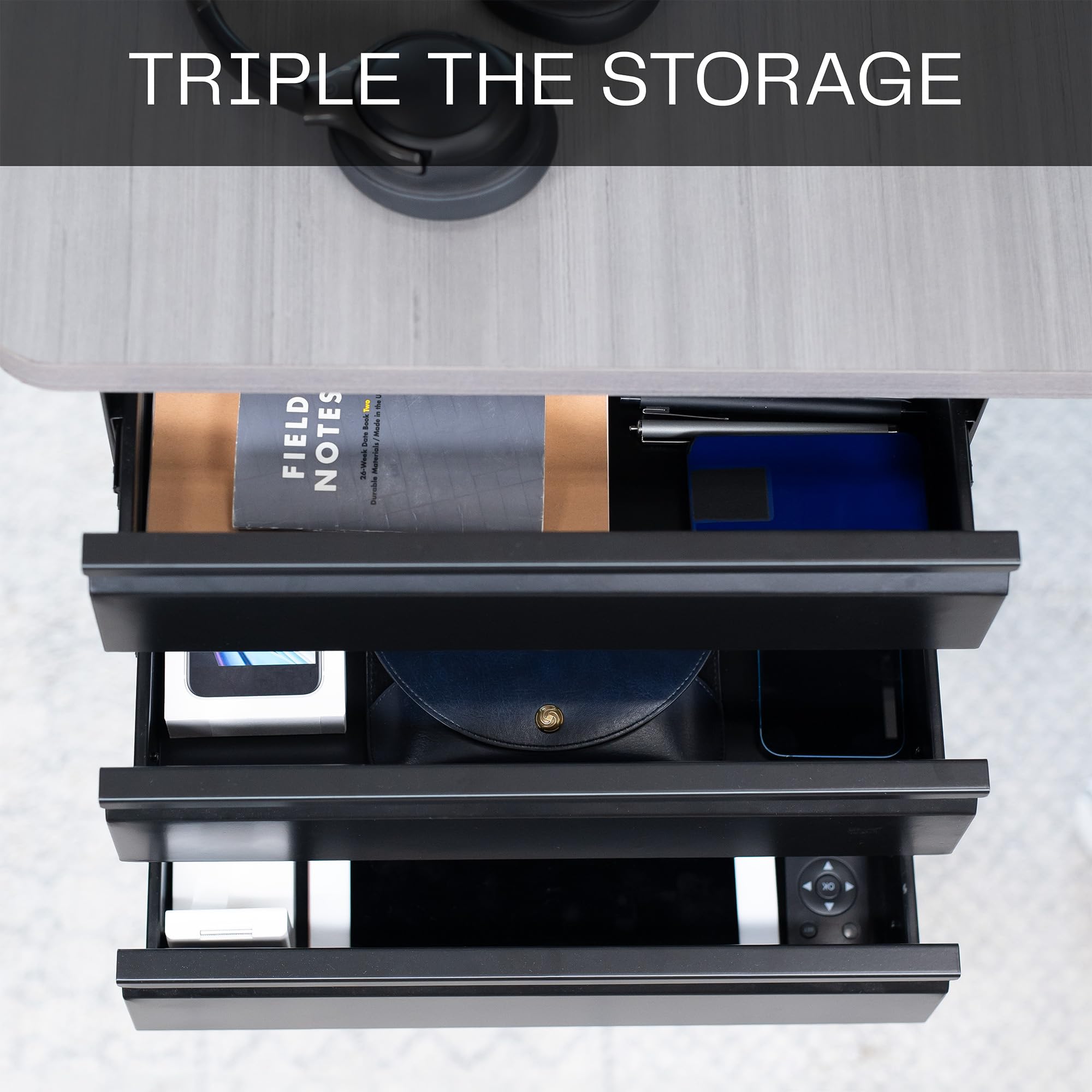 VIVO 16 Inch Under Desk Mounted Sliding Pull-Out 3 Tier Drawer Organizer - Black DESK-DR03 | Space Saving Vertical Storage for Office & Standing Desk | Perfect for Files, Stationery & Office Supplies Organization