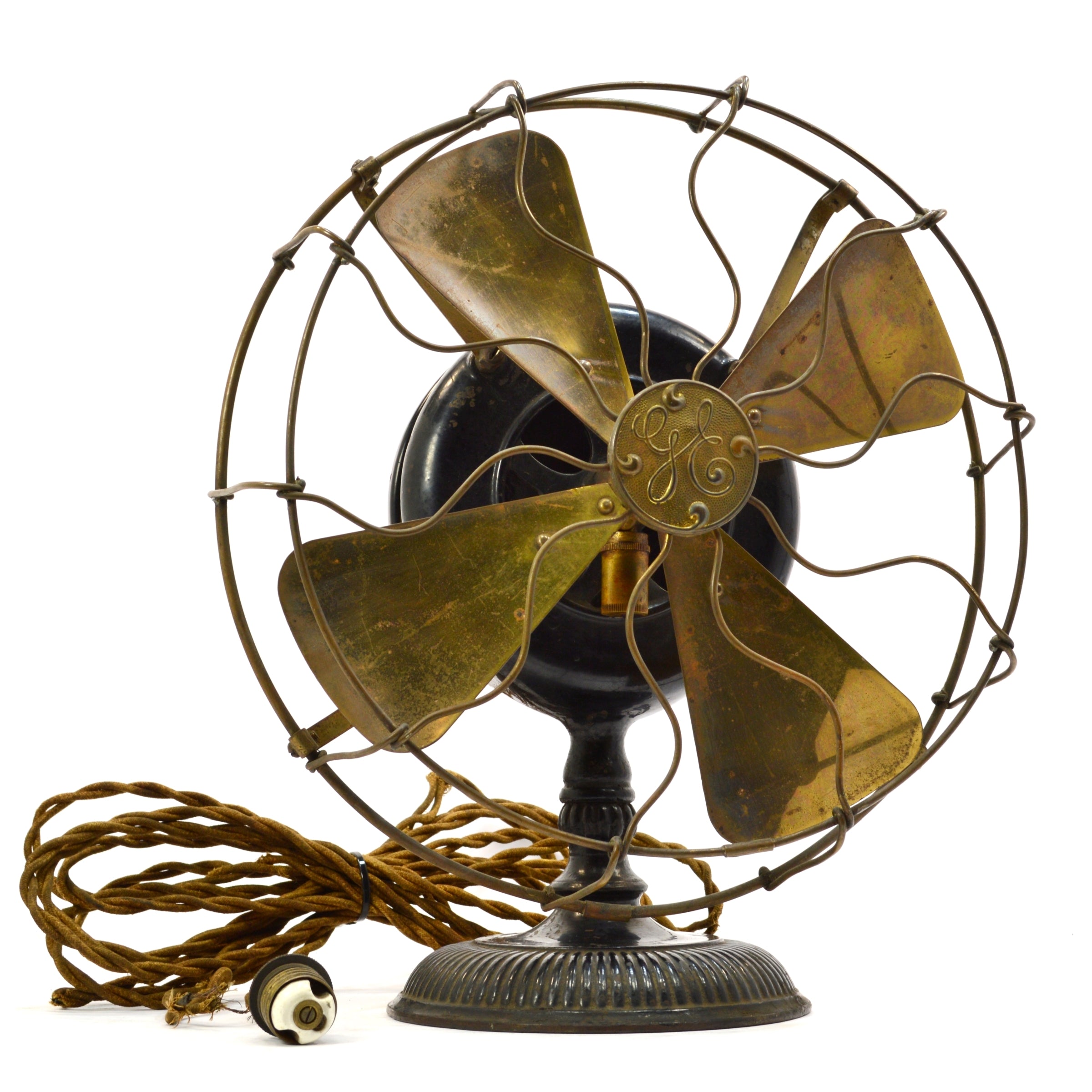 Vintage G.E. 12 Brass Blade Pancake Fan - 1900 Model Type UI Form F 9 Stick Mount | Antique Industrial Ceiling Fan for Steampunk Decor & Vintage Home Restoration
