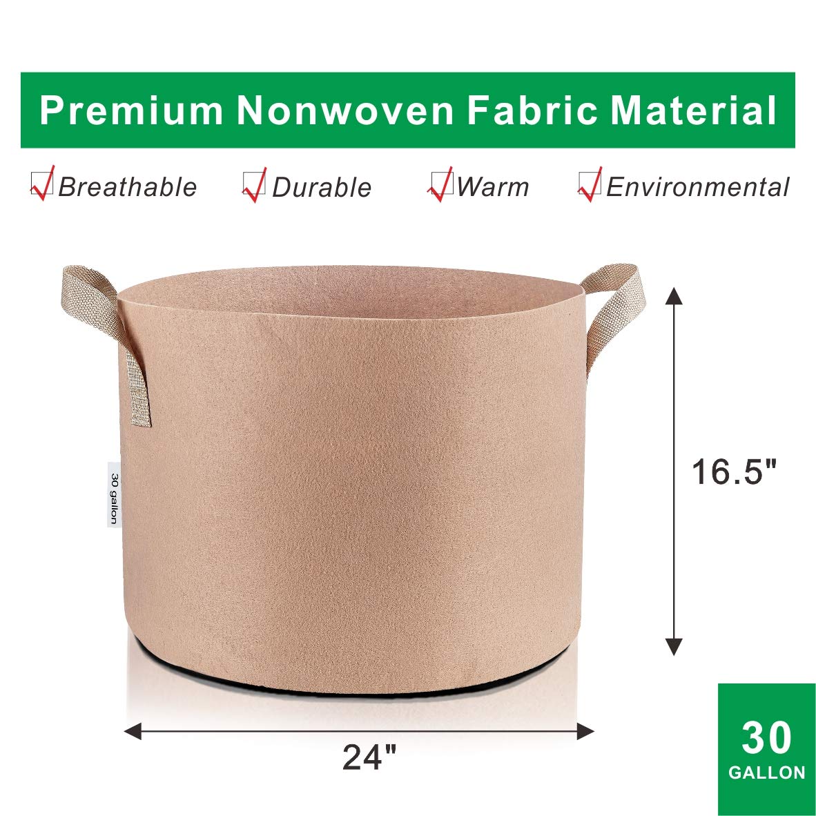 24-Pack 30 Gallon Tan Fabric Grow Bags - Breathable Aeration Pots for Plants, Vegetables, Trees - Ideal for Nursery, Garden & Container Planting - Perfect for Indoor & Outdoor Gardening