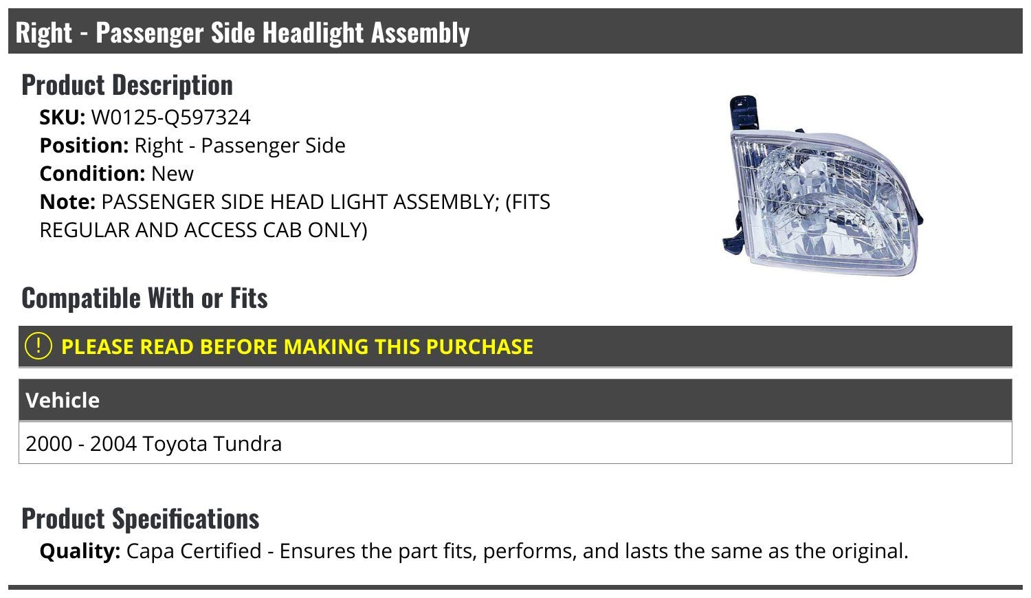 Right Passenger Side Headlight Assembly for 2000-2004 Toyota Tundra - Replacement Headlamp with Clear Lens - Perfect for Night Driving & Off-Road Adventures