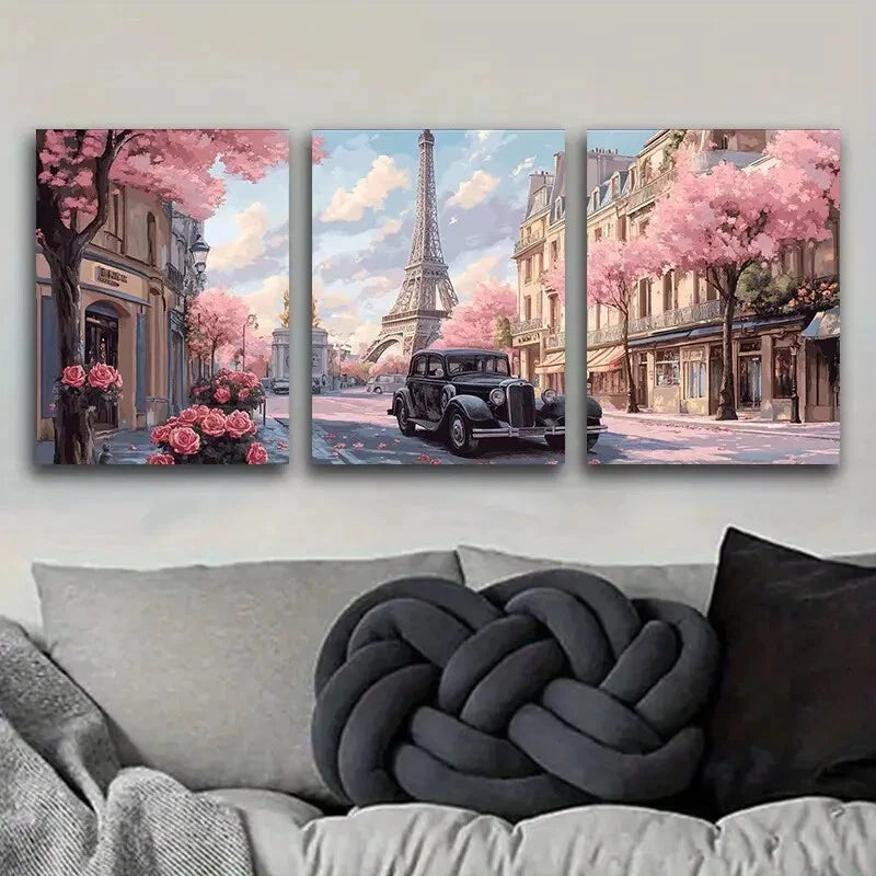 3-Piece Pink Car on Paris Streets Metal Wall Art - Ready to Hang Home Decor for Living Room, Bedroom & Office