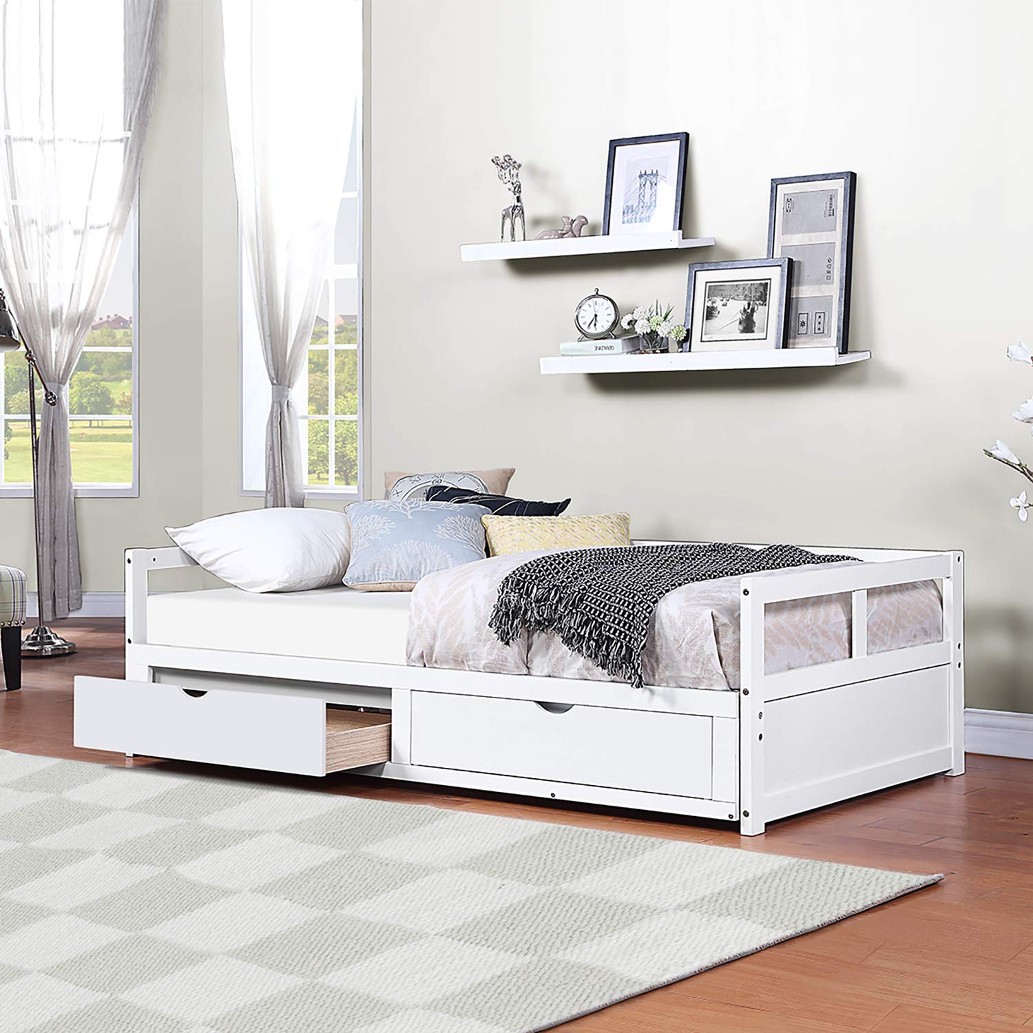 Extendable Daybed with Trundle - Convertible Twin to King Size Wooden Bed Frame with Pull-Out Storage Drawers - Perfect for Kids, Teens & Adults (White) | Ideal for Guest Rooms, Dormitories & Small Space Living