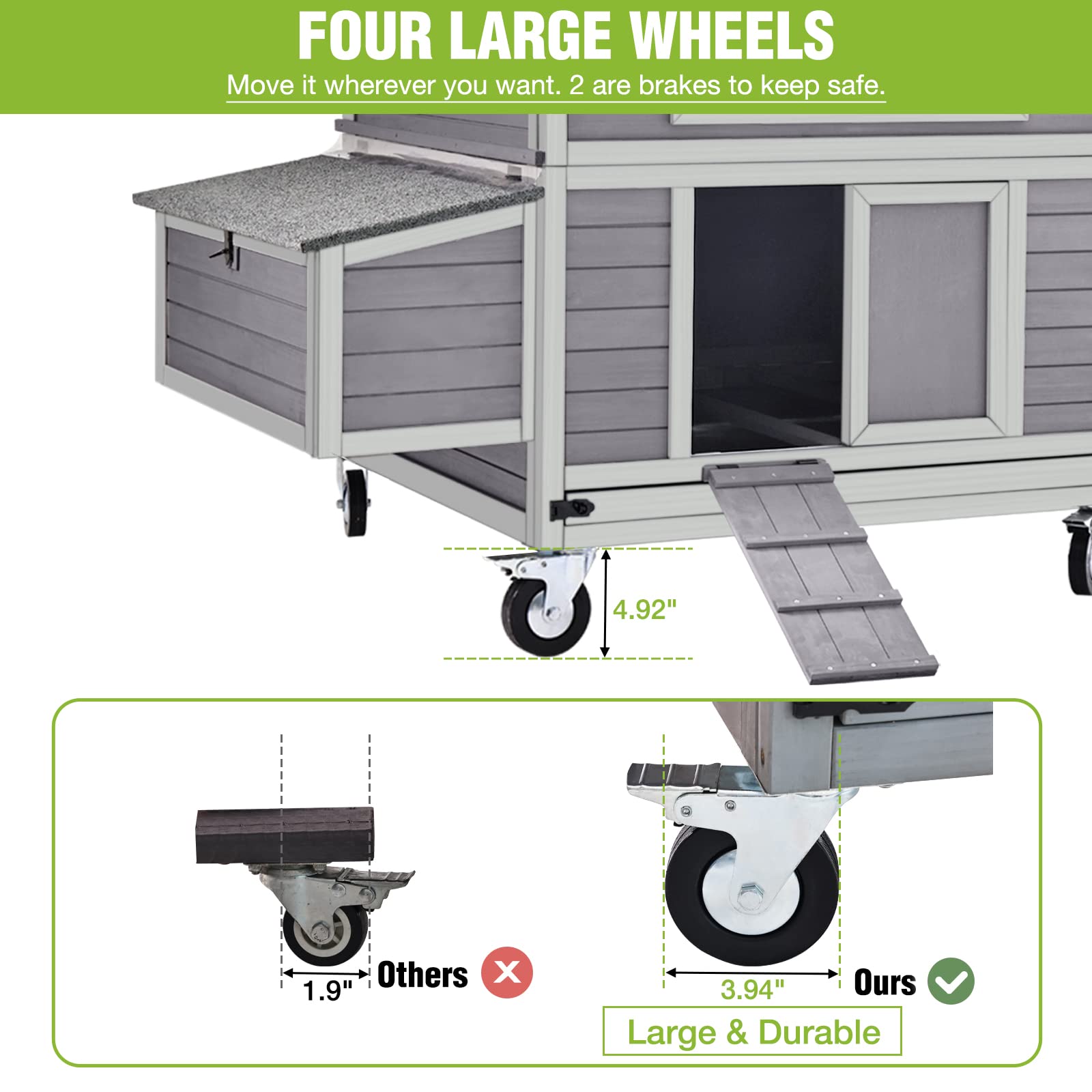 GUTINNEEN Large Wooden Chicken Coop with Wheels - Portable Outdoor Duck Cage & Rabbit Hutch with 2 Nesting Boxes - Perfect for Backyard Poultry, Ducks & Small Animals