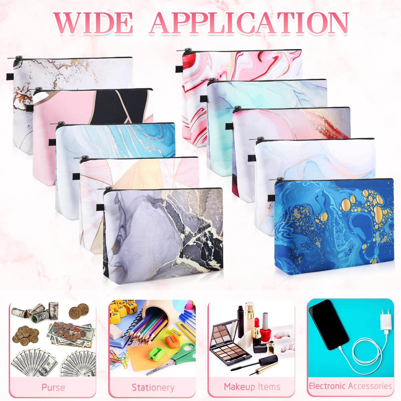 12-Piece Waterproof Printed Makeup Bags Set with Zipper - Large Roomy Cosmetic Organizer Pouches for Women (Marble Style) | Perfect for Travel, Gym & Daily Beauty Storage