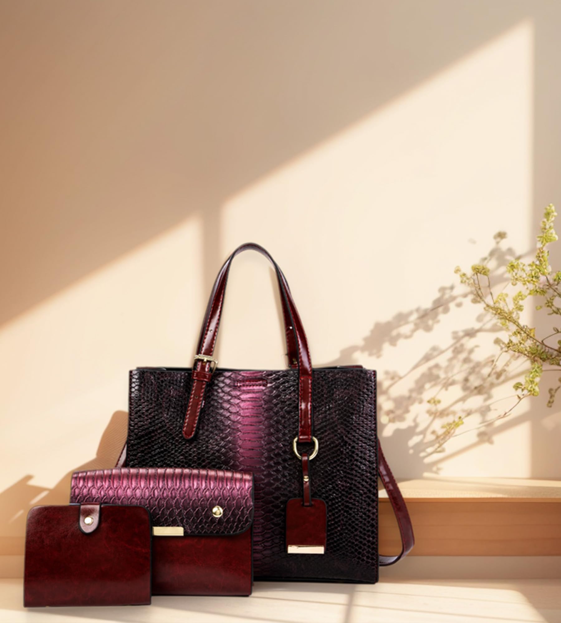 KingTo Women's Crocodile Pattern Leather Satchel Handbag Set - 3 Piece Stylish Tote & Shoulder Bag Purse for Work, Travel & Daily Use