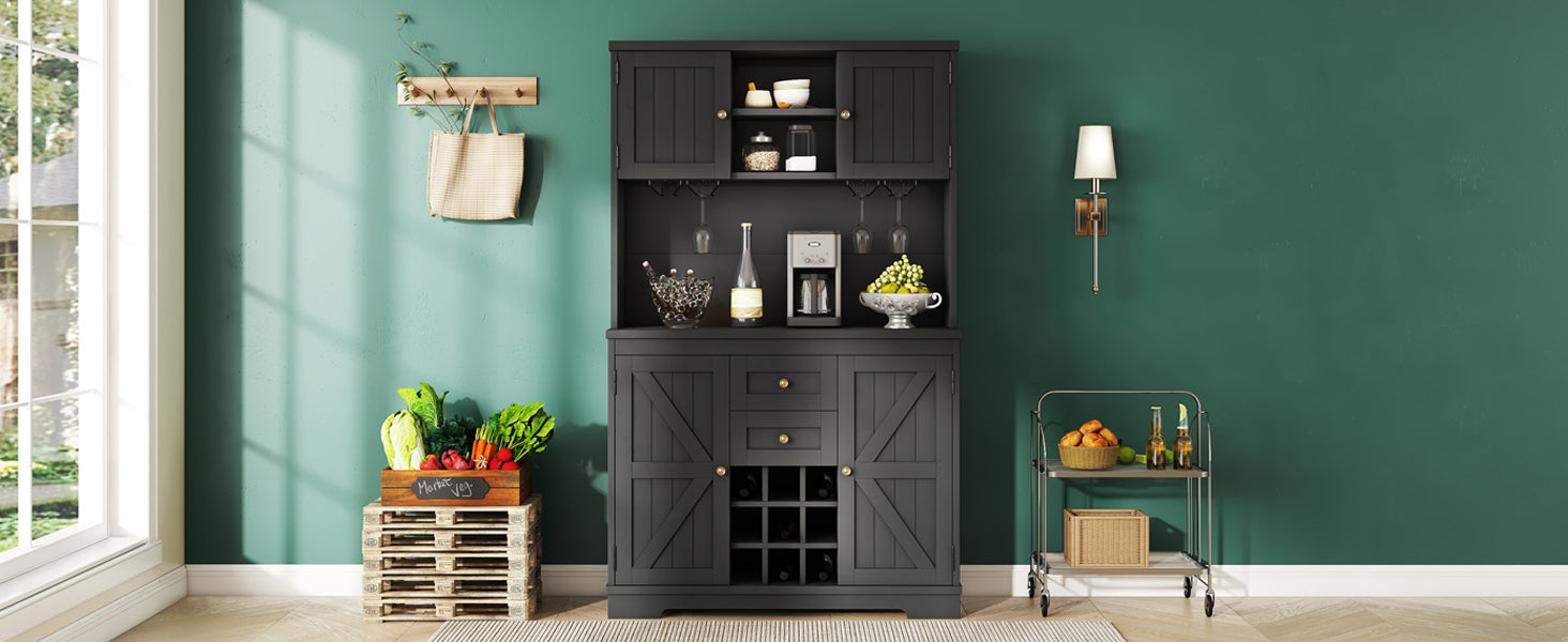 Farmhouse Coffee Bar Cabinet with Storage - Kitchen Buffet Cabinet with Drawers, Shelves & Wine Glass Racks - Rustic Dining Room Furniture for Kitchen, Bar & Entertaining - Black