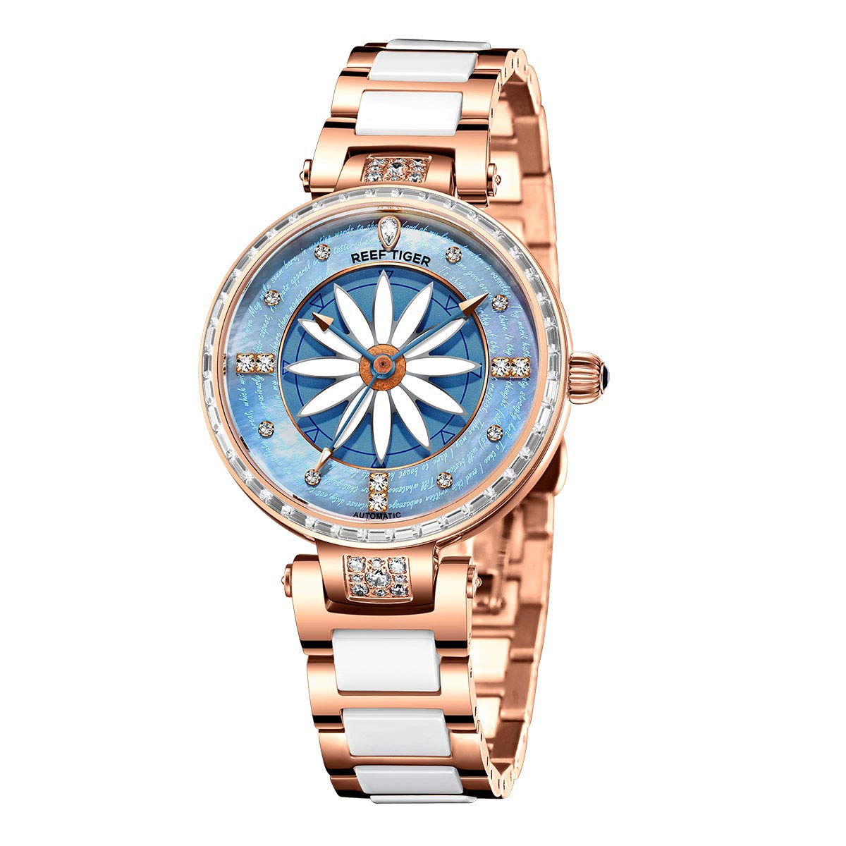 REEF TIGER RGA1599 Luxury Women's Automatic Watch with Diamond Bezel - Elegant Lily Design for Business, Party & Everyday Wear