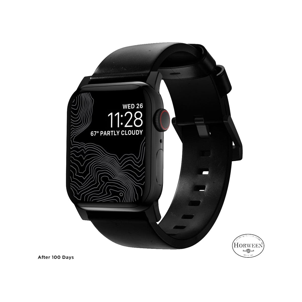 NOMAD Modern Leather Band for Apple Watch Series 8/7/6/SE (45mm/49mm) - Black Horween Leather Strap with Black Hardware | Durable & Stylish Replacement Band for Work, Travel & Everyday Wear