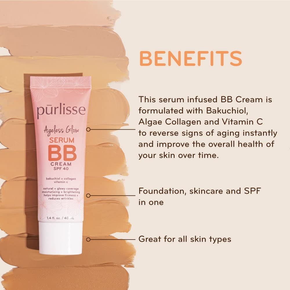 Pūrlisse Ageless Glow Serum BB Cream SPF 40 - Anti-Aging BB Cream with Bakuchiol & Vitamin C for Firming, Wrinkle Reduction & Dewy Skin - Medium Warm (1.4 oz) - Perfect for Daily Sun Protection & Natural Makeup Look