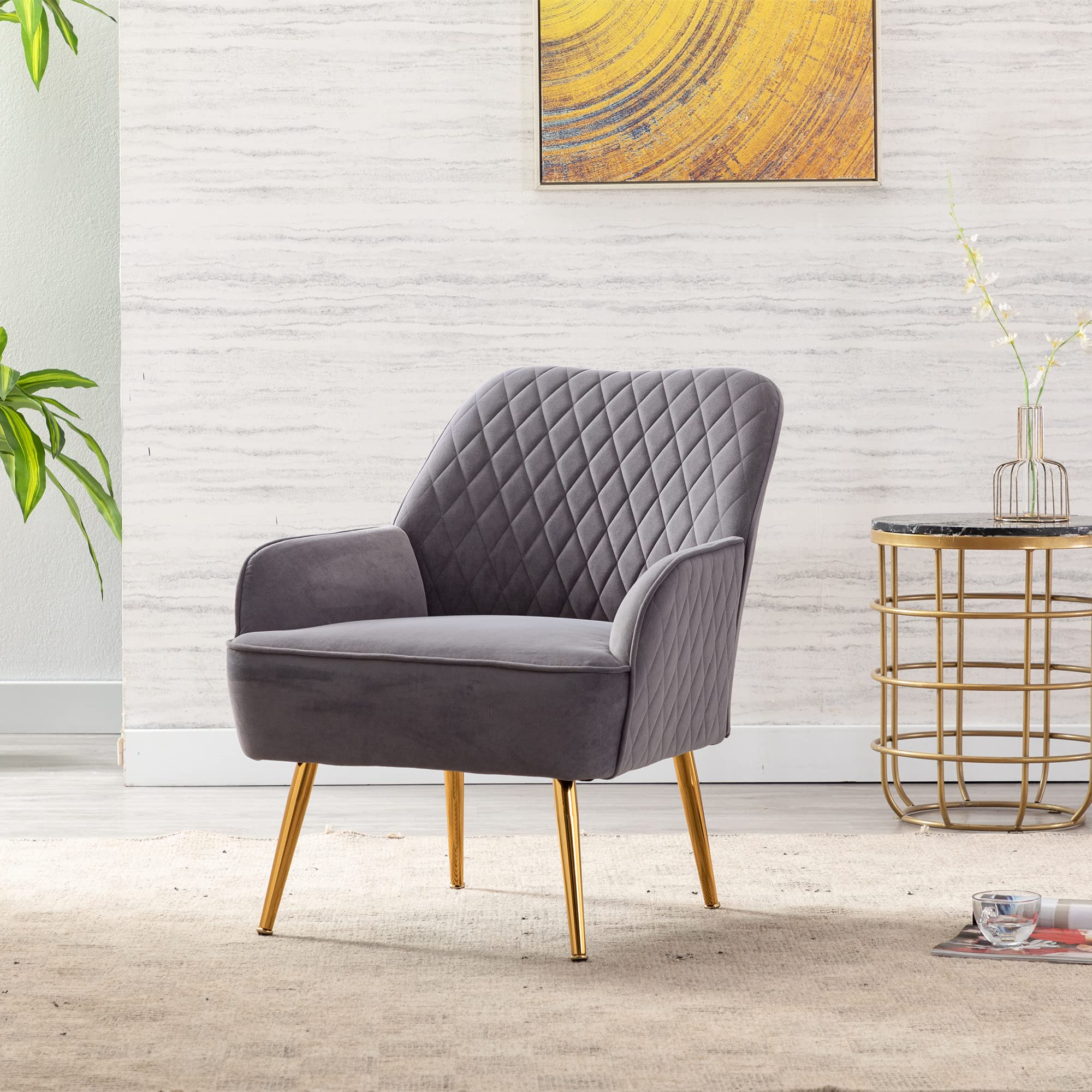Modern Velvet Accent Chair with Gold Metal Legs - Stylish Living Room, Dining Room, Club Lounge & Bedroom Upholstered Armchair for Leisure & Guests (Gray) | Perfect for Small Spaces, Apartments & Home Offices