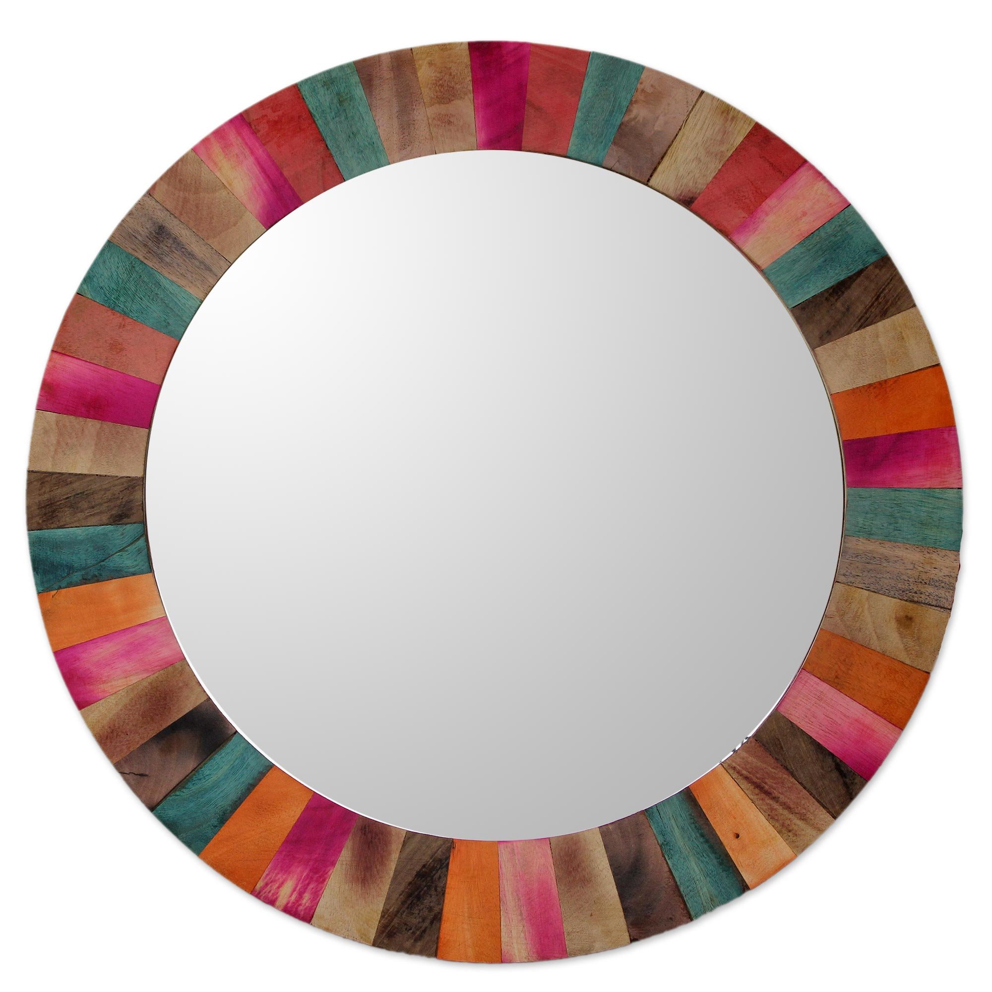 NOVICA Large Rustic Round Mango Wood Wall Mirror - Handcrafted Multicolor 'Festive Holi' Design - Perfect for Living Room, Bedroom, or Entryway Decor