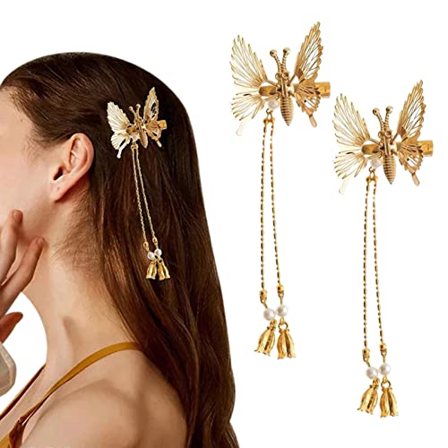 Elegant Gold Butterfly Hair Clips for Women & Girls - Metal Tassel Barrettes with Hollow Design - Pack of 2 - Perfect for Weddings, Parties & Everyday Styling