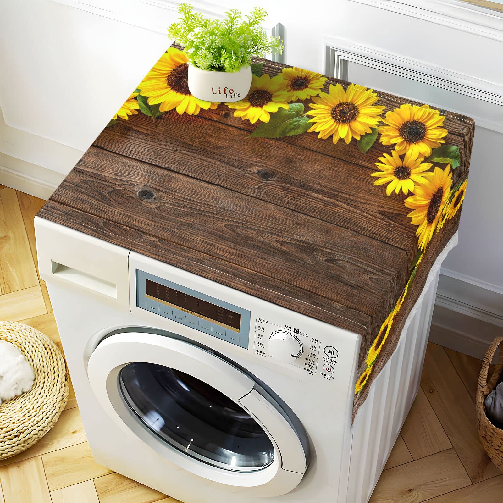 Floral Sunprint Waterproof Washing Machine Cover - 51''x22'' Non-Slip Washer Dryer Top Mat for Front Load Appliances, Dust-Proof Refrigerator Cover with 4 Storage Pockets | Home Decor & Laundry Room Organization