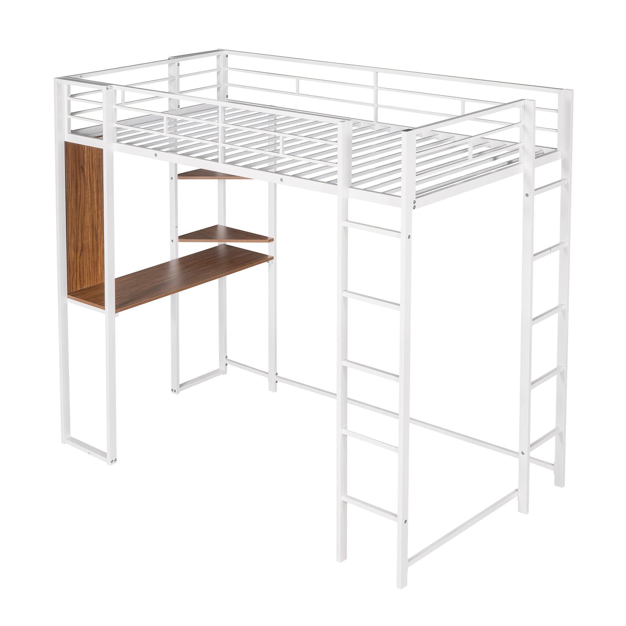 Twin Size Metal Loft Bed with Built-in Desk & Shelves - Space Saving Study Bed for Kids, Teens & Adults - Perfect for Small Bedrooms, Dorms & Apartments (White)