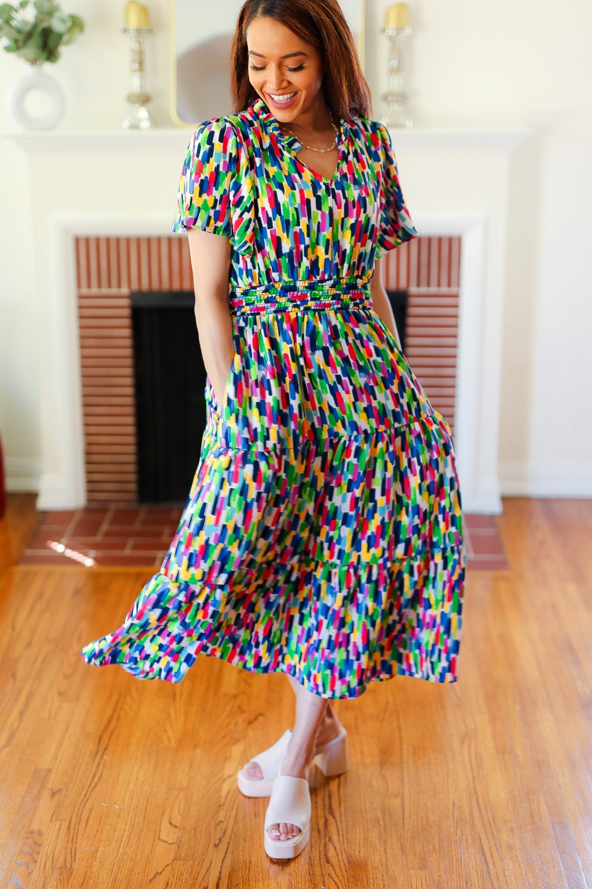 All For You Navy Multicolor Abstract Print Smocked Waist Maxi Dress | Women's Flowy Summer Beach Dress for Vacations & Outdoor Parties