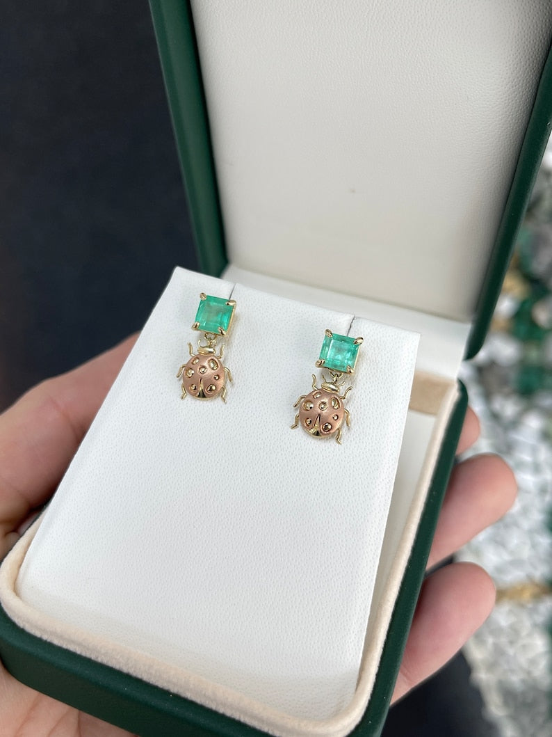 14K Rose Gold Asscher Cut Green Emerald & Lady Bug Dangle Earrings - 2.0tcw, Elegant Jewelry for Women, Perfect for Weddings, Parties & Special Occasions