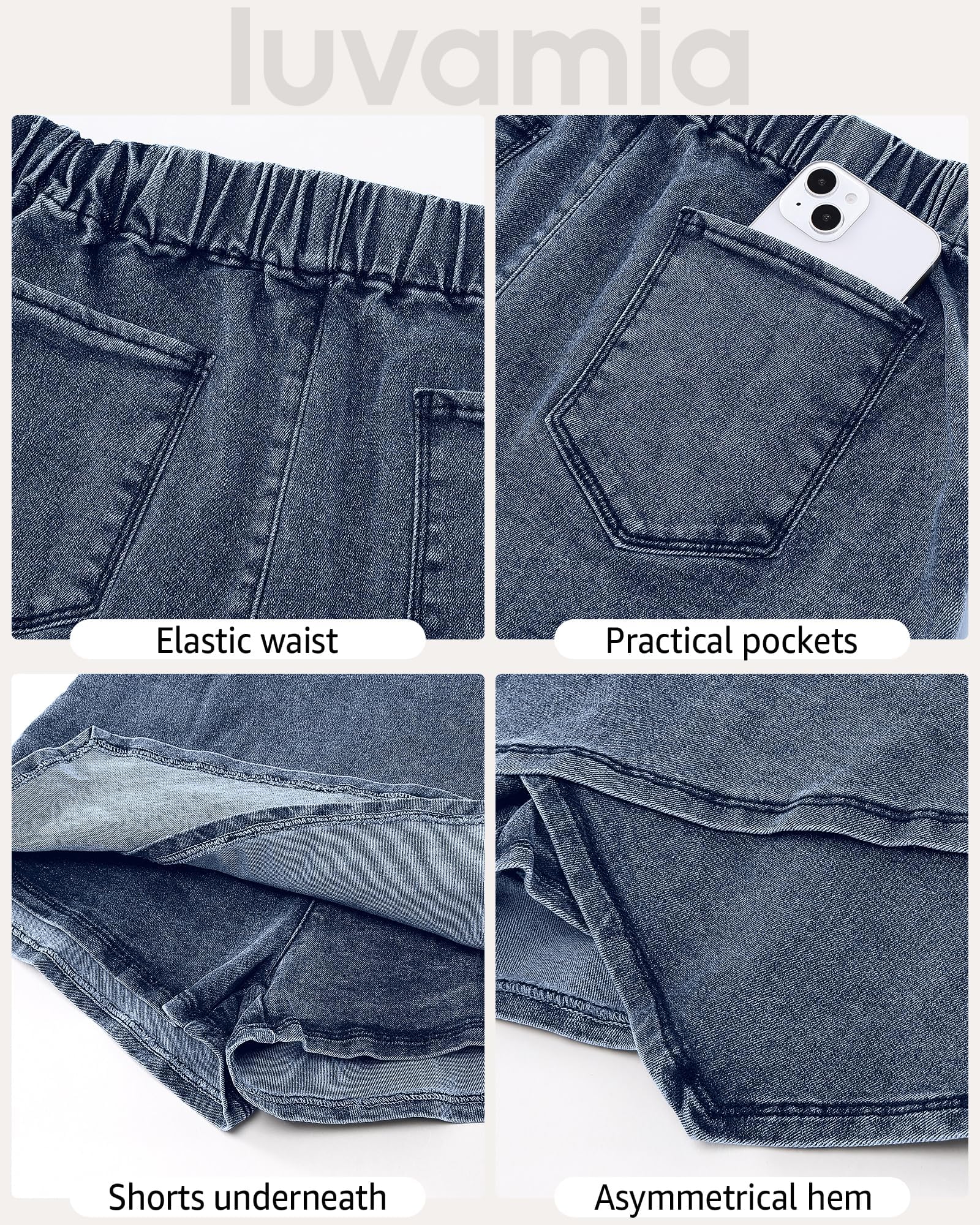 Luvamia Women's High Waisted Stretchy Denim Skorts - Pull On Wrap Skirt with Built-in Shorts, Asymmetrical Trendy Design for Casual Wear, Summer Outfits & Travel