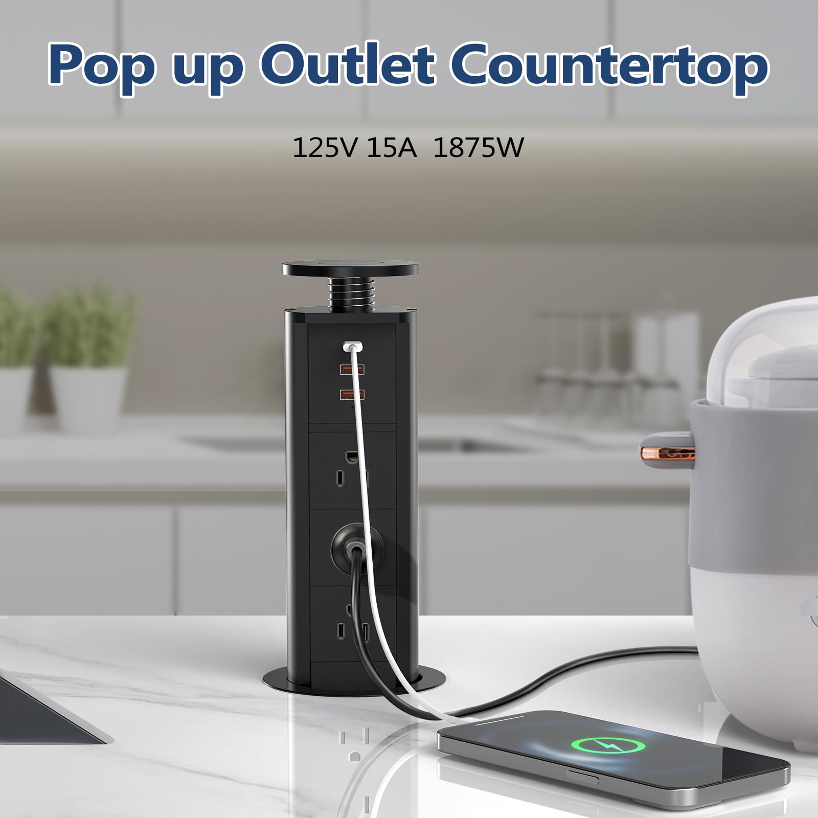 BTU Pop Up Outlet with 3 AC Outlets & 3 USB Ports (2 USB-A + 1 USB-C) - Hidden Countertop Power Outlet for Kitchen, Office & Conference Room - Space Saving Electrical Solution for Home & Workplace