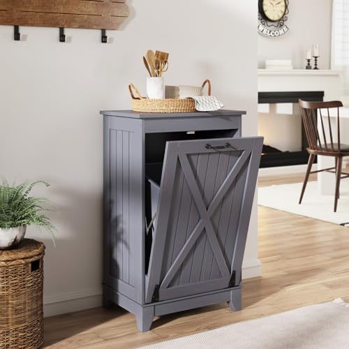 Solid Wood Tilt-Out Trash Can Cabinet - 10 Gallon Hidden Recycling Bin Storage with Hold Baskets - Free Standing Kitchen Waste Cabinet for Farmhouse, Patio & Outdoor Use - Grey (Perfect for Kitchen Organization & Outdoor Entertaining)