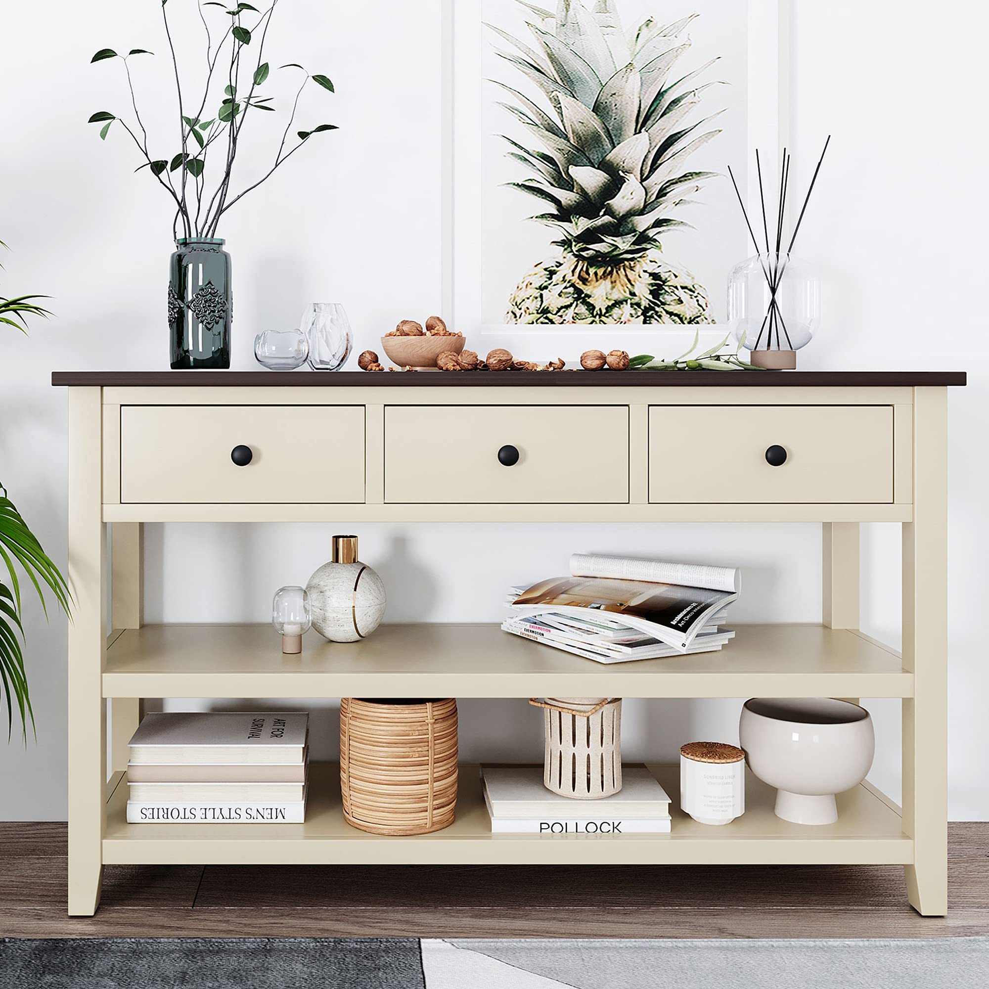 Rustic 50 Inch Wooden Console Table with 3 Drawers & 2 Bottom Shelves - 3-Tier Entryway Table for Hallway, Living Room | Farmhouse Style Sideboard for Home Decor & Storage