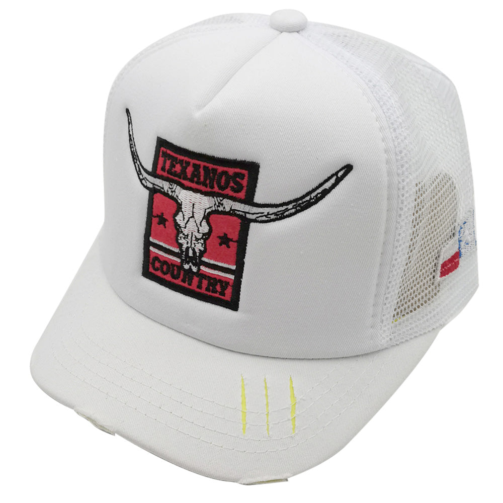 Texanos Country Texas Steer Head Embroidered Mesh Back White Trucker Hat - Western Style Baseball Cap for Men & Women, Perfect for Rodeo, Country Music Festivals and Outdoor Adventures