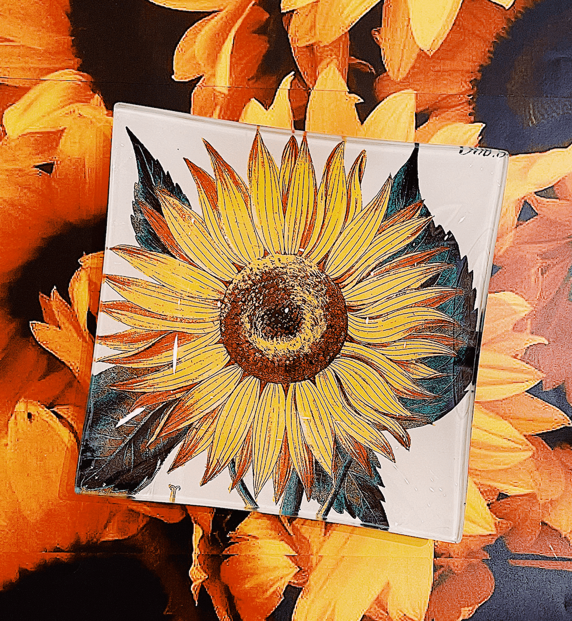 Sunflower Decoupage Glass Tray - Handmade Floral Serving Tray for Coffee, Tea, and Desserts | Perfect for Home Decor, Kitchen, and Party Use