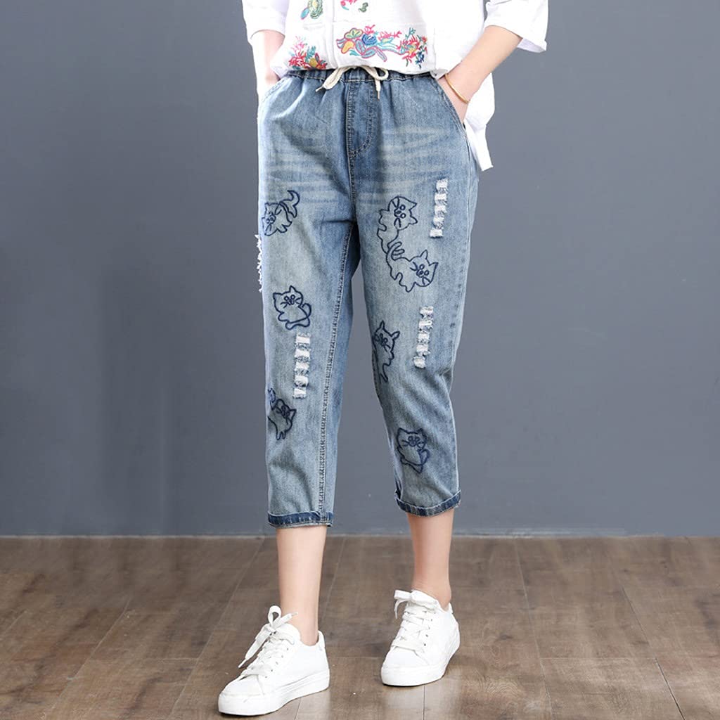 Vintage Korean Fashion Women's Denim Trousers - Casual Embroidery Jeans, Oversized Ripped Harem Pants (Blue, Size XL) | Summer Streetwear, Boho Outfits & Festival Fashion