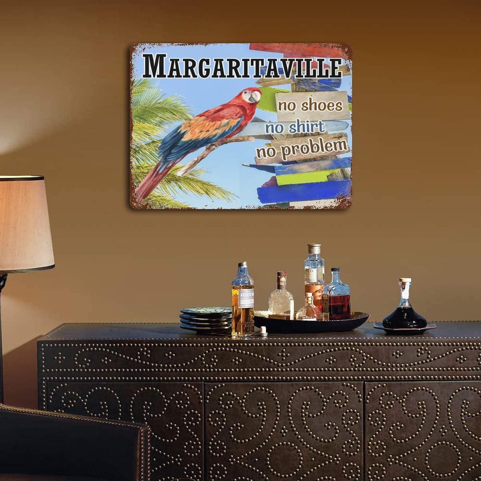 No Shoes No Shirt No Problem Parrot & Turtle Leaf Metal Sign - 16x12 Inch Rustic Aluminum Wall Decor for Bar, Cafe, Beach House & Outdoor Use