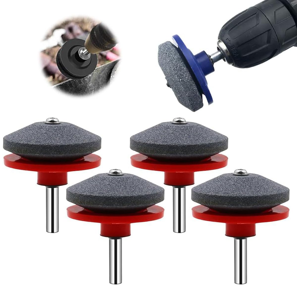 2024 Universal Lawn Mower Blade Sharpener Kit - Dull Blade Sharpener Attachment for Power Drills, Wear-Resistant Rotary Mower Blade Sharpener (4-Piece Red Set) - Perfect for Home Lawn Care & Professional Landscaping