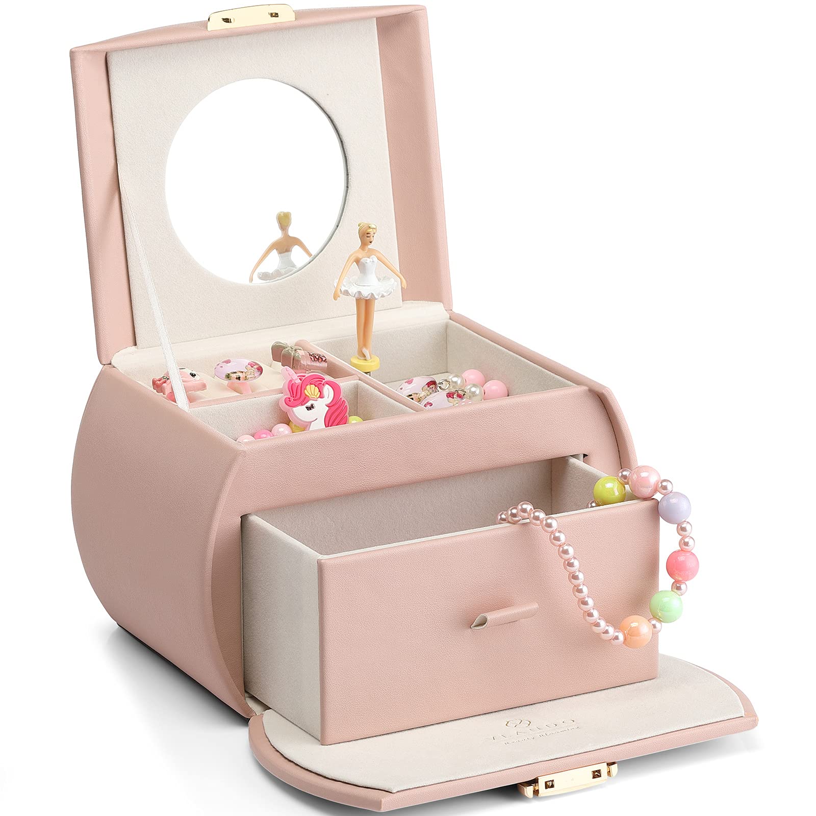 Vlando Pink Musical Jewelry Box for Girls with Drawer - Ballerina Music Box with Stickers, Birthday Gift for Girls, Kids Room Decor | Perfect for Jewelry Storage, Bedroom Decoration & Special Occasion Gifts