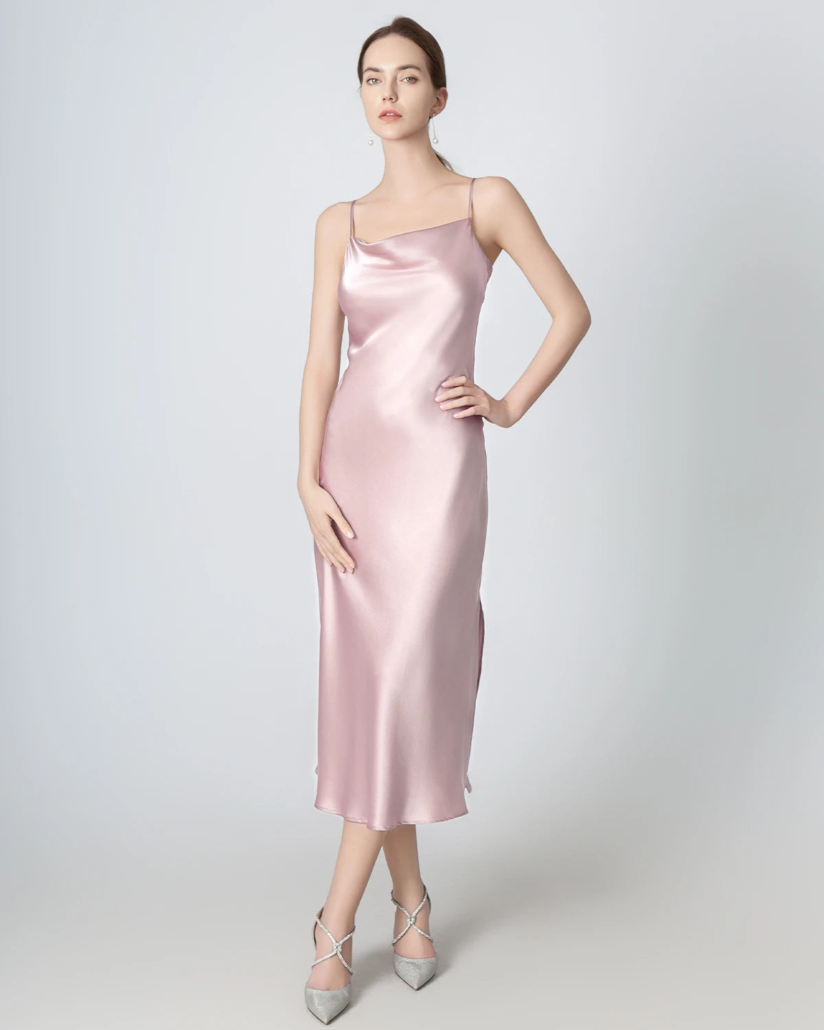 Elegant Slit Cowl Neck Midi Silk Dress for Women - Luxury Party & Evening Wear - Perfect for Weddings, Cocktails & Special Occasions