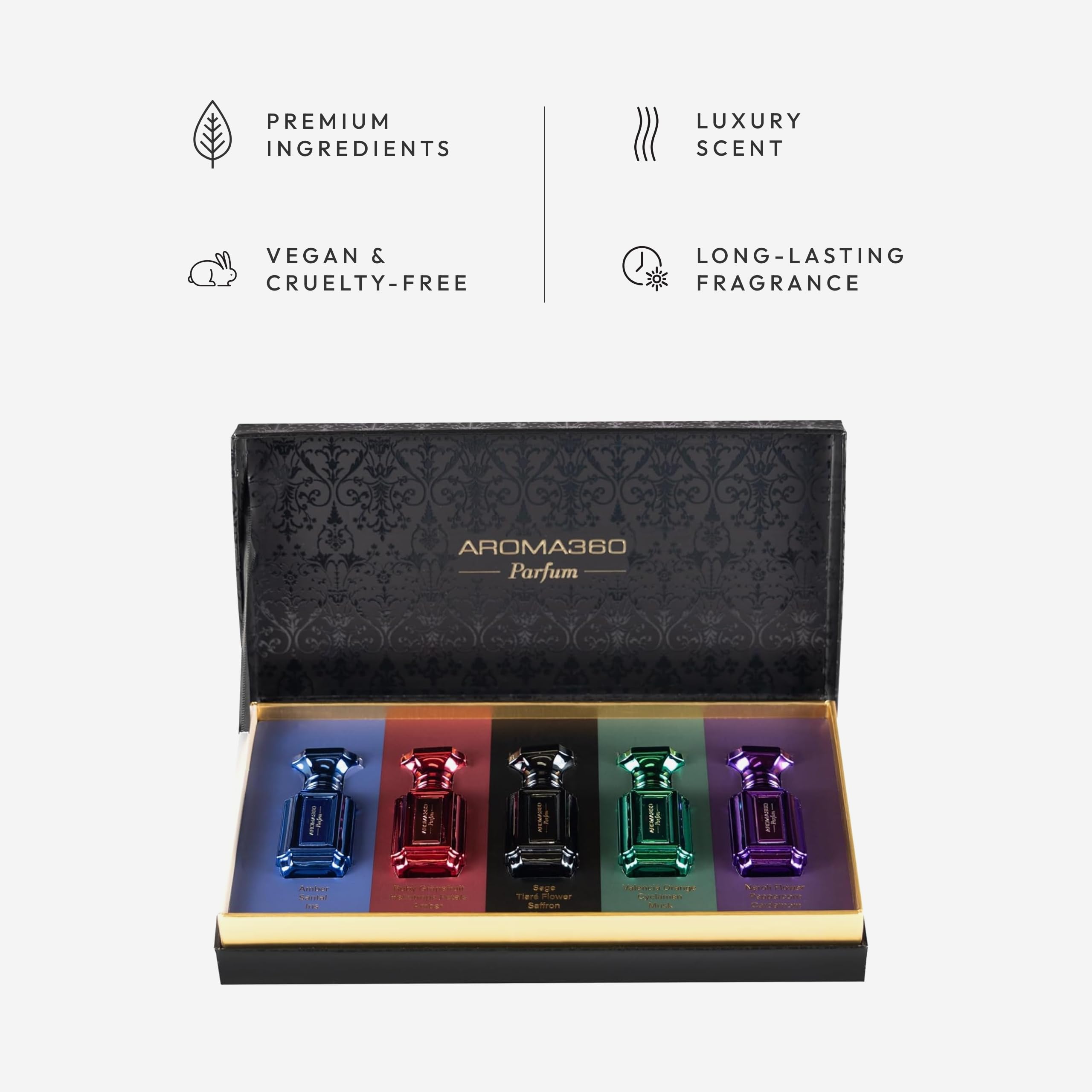 Aroma360 Perfume Discovery Set - 5 x 10mL Unisex Fragrances (Blue, Red, Green, Black, Purple) | Luxury Scent Sampler for Travel, Gifts & Everyday Wear | Premium Eau de Parfum Collection