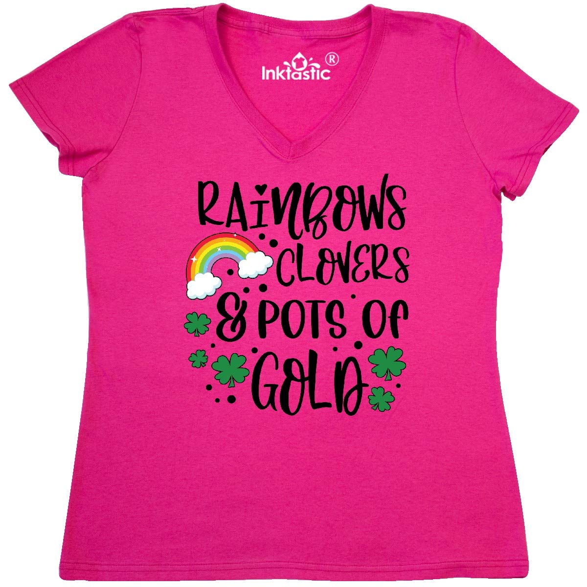 Inktastic St. Patrick's Day Women's V-Neck T-Shirt - Rainbow, Clover & Pot of Gold Design | Festive St. Paddy's Day Outfit for Parties & Irish Celebrations