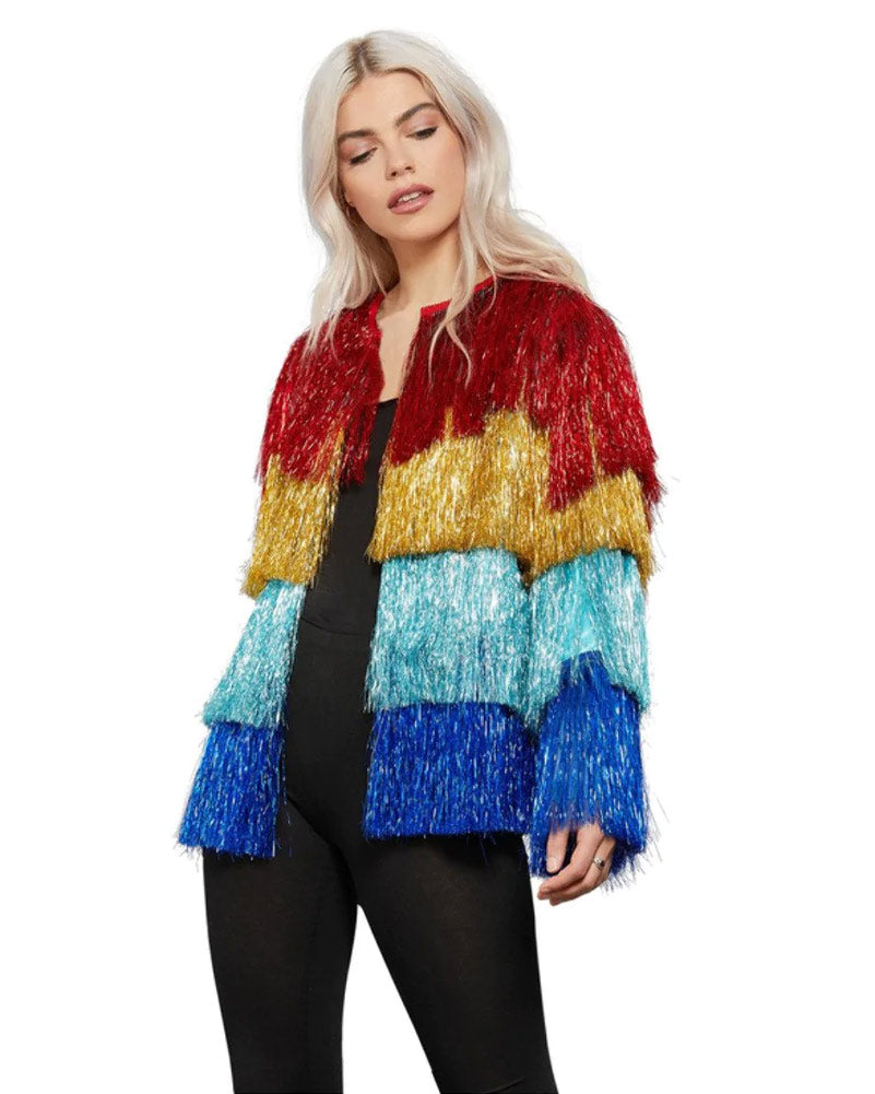 Vintage 70s Rainbow Disco Jacket for Women - Retro Glitter Tinsel Festival Coat - Perfect for Disco Parties, Music Festivals & Halloween Costumes