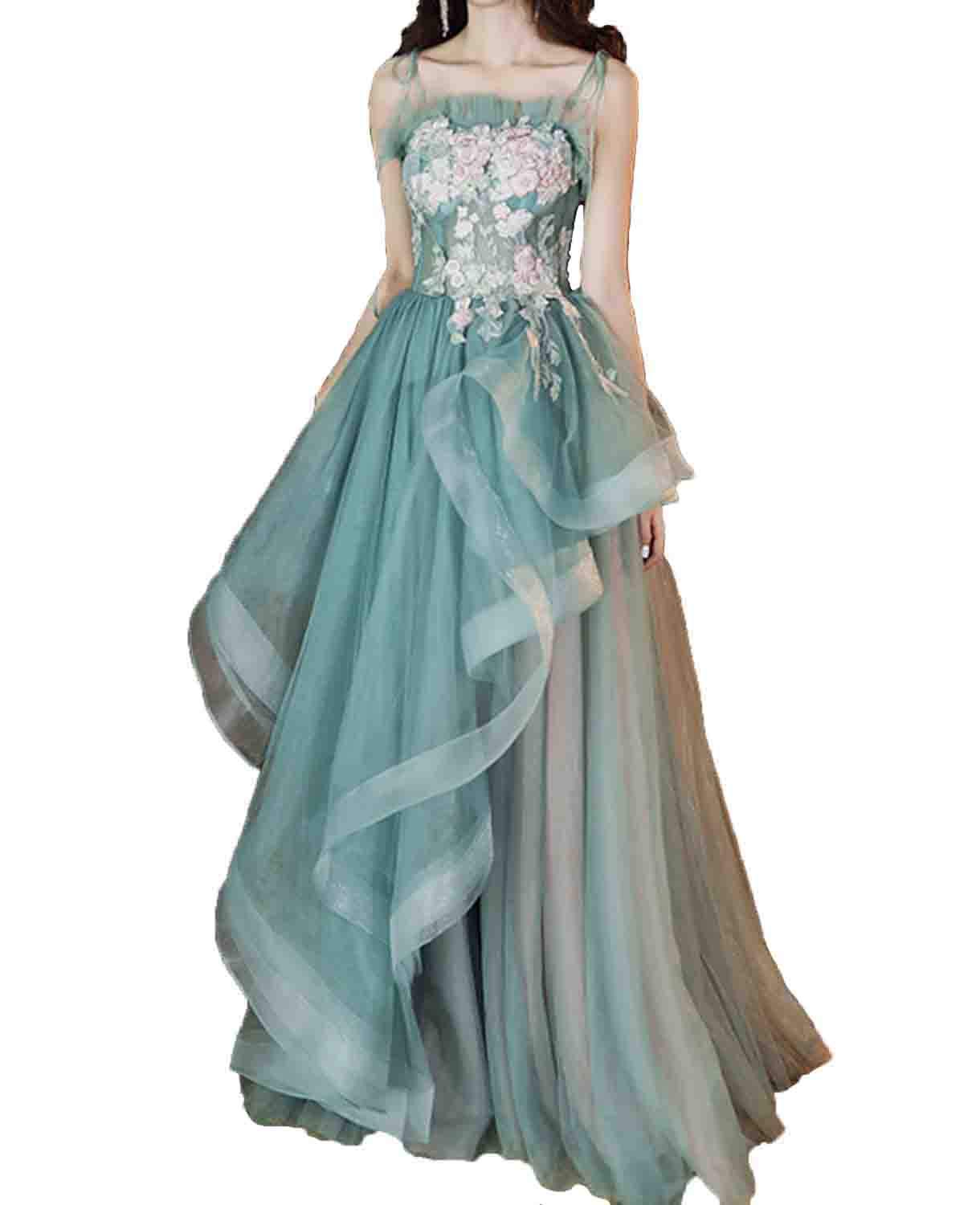 Elegant Women's Spaghetti Strap Applique Prom Dresses - Long Tulle Ruched Evening Gowns for Formal Occasions | Perfect for Homecoming, Prom Night, Wedding Guest & Special Events