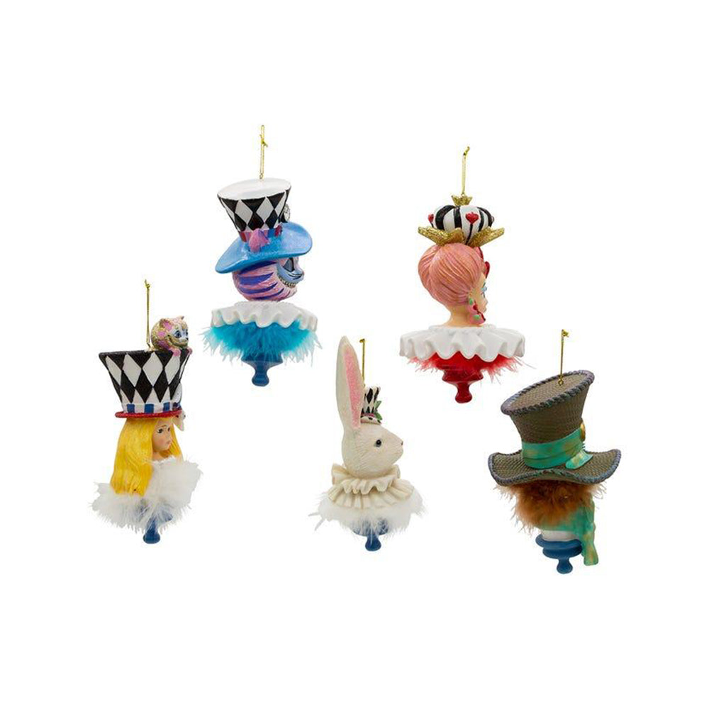 6-Piece Holly Hats™ Alice in Wonderland Themed Christmas Ornament Set - Whimsical Tea Party Decor for Tree, Gift, and Disney-Themed Holiday Decorations