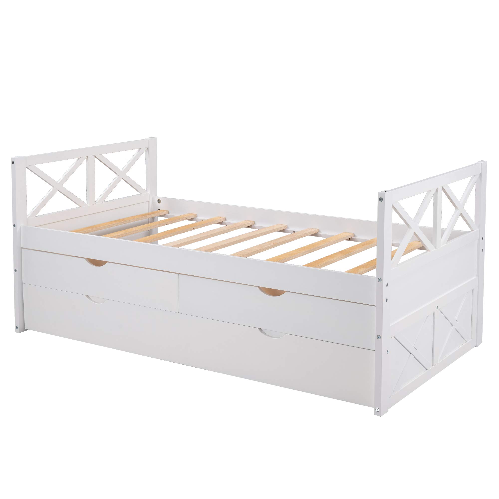 Harper & Bright Designs Twin Bed with Storage Drawers & Trundle - Solid Wood Captain's Daybed for Kids & Guest Room - White - Perfect for Small Spaces & Sleepovers