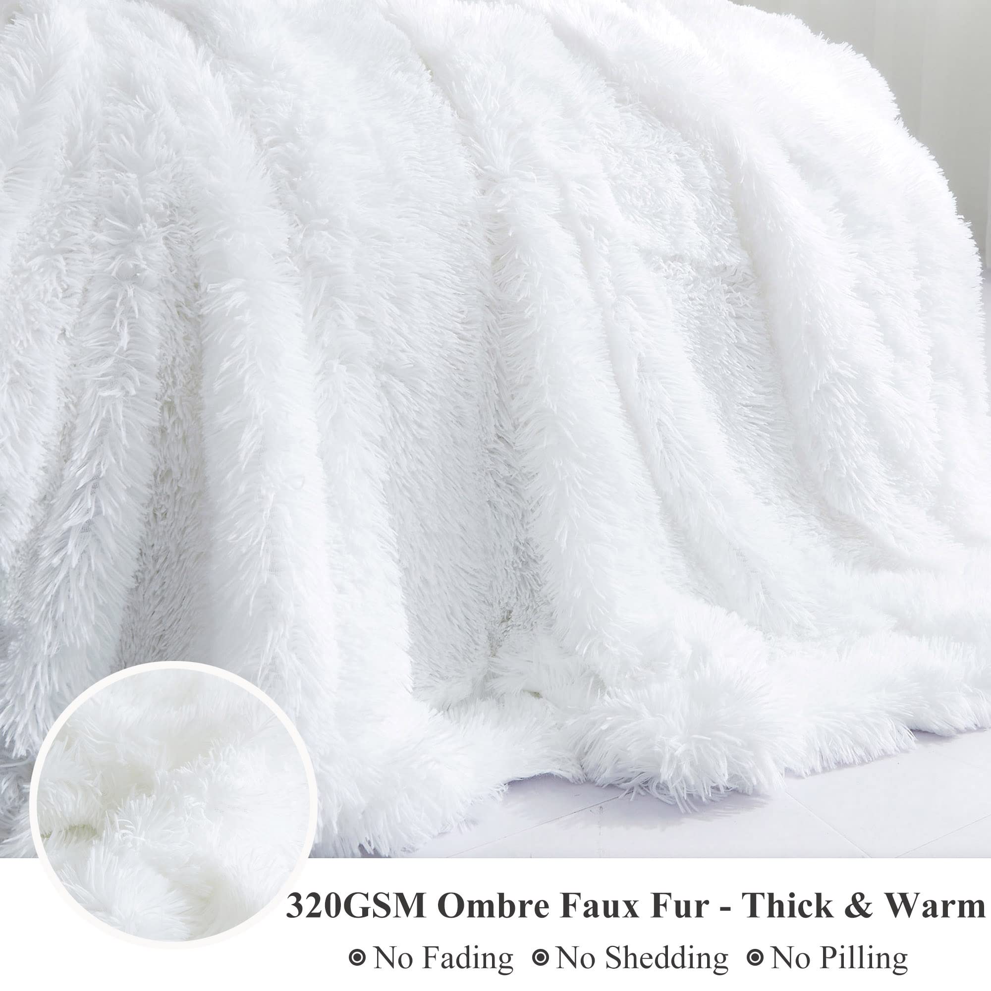 XeGe 3-Piece Soft Fluffy Throw Blanket and Pillow Cover Set - 50x60 Shaggy Faux Fur Plush Blanket with 18x18 Fuzzy Fleece Pillow Shams - Cozy for Bed, Couch, Living Room - Perfect for Winter Nights, Movie Time & Home Decor - White