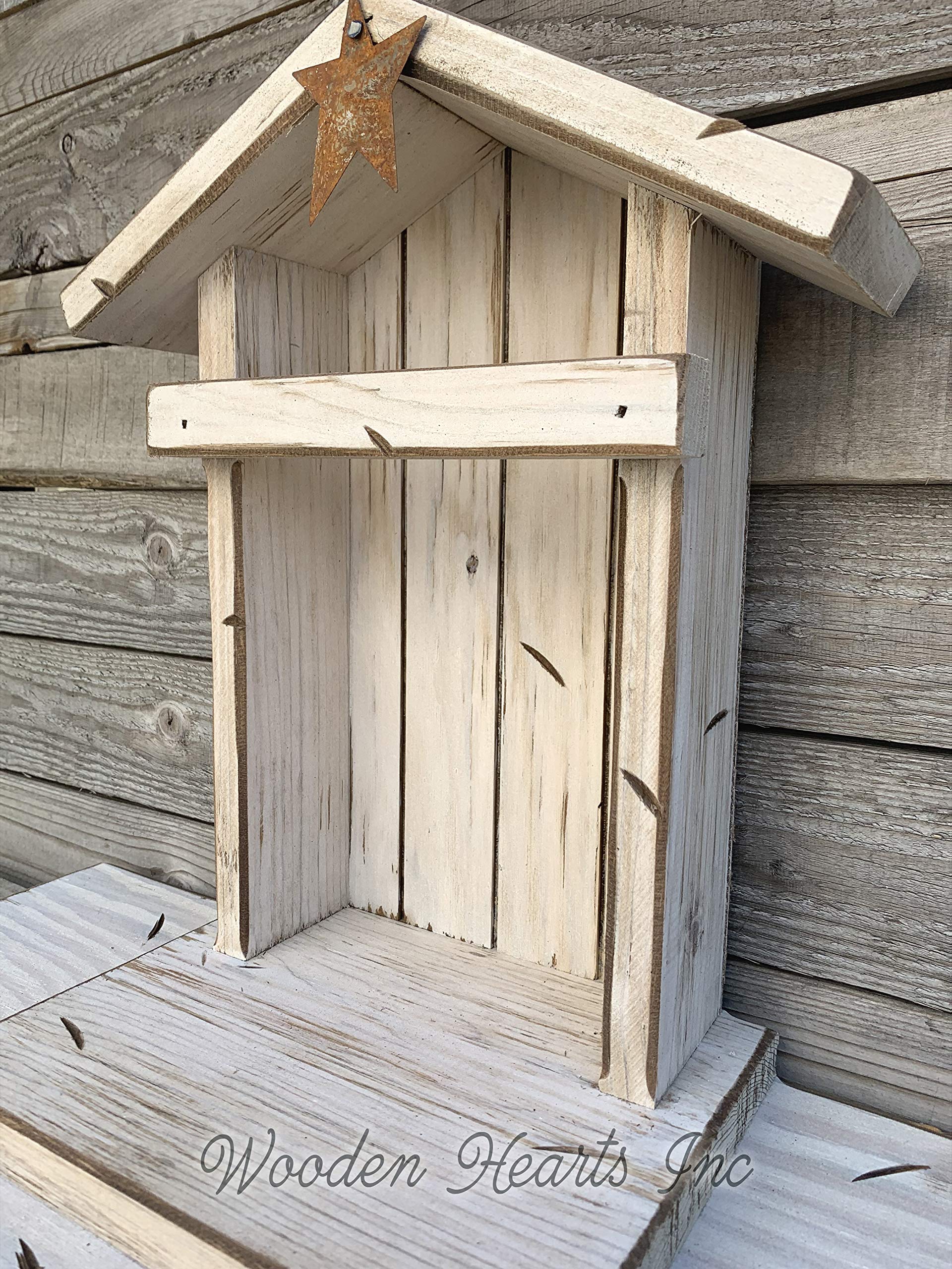 Custom Personalized Distressed Wood Nativity Stable for Willow Tree Figures - Handmade Manger Angel Stand in Green, Brown & White | USA Made | Perfect for Christmas Decorations & Holiday Displays