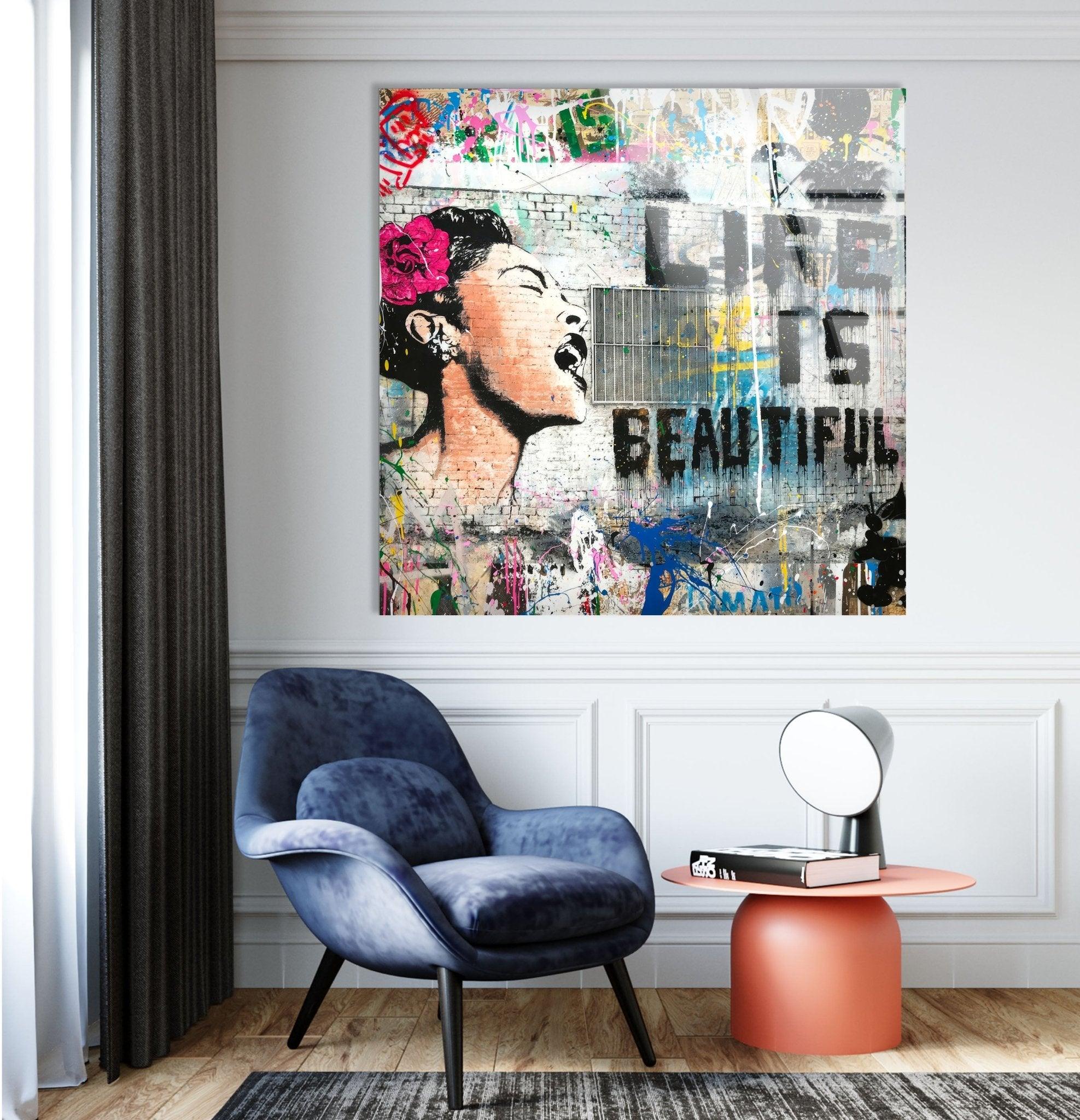 Banksy Life is Beautiful Glass Wall Art - Modern Home Decor for Living Room, Bedroom & Office - Unique Street Art Inspired Glass Print
