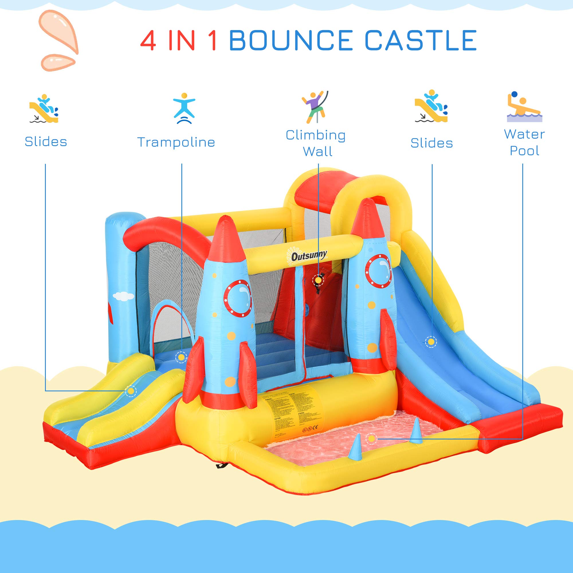 Outsunny 4-in-1 Kids Inflatable Water Slide & Bounce House with 2 Slides, Climbing Wall, Trampoline & Splash Pool - Perfect for Backyard Birthday Parties, Summer Water Play & Outdoor Family Fun