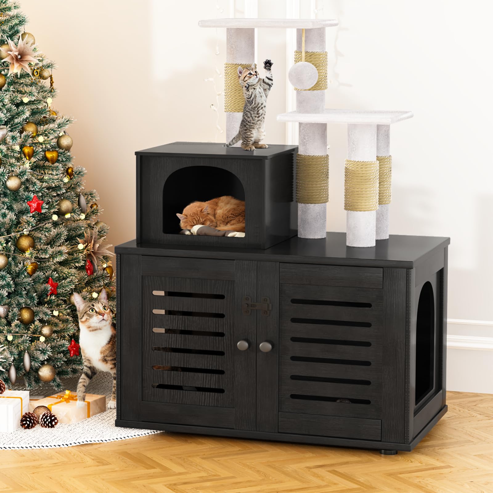 Recaceik Wooden Cat Litter Box Enclosure with Cat Tree - Hidden Washroom Furniture with Divider, Scratching Post & Plush Perch - Indoor Pet Cabinet for Small Spaces (Black) | Perfect for Apartments & Multi-Cat Homes
